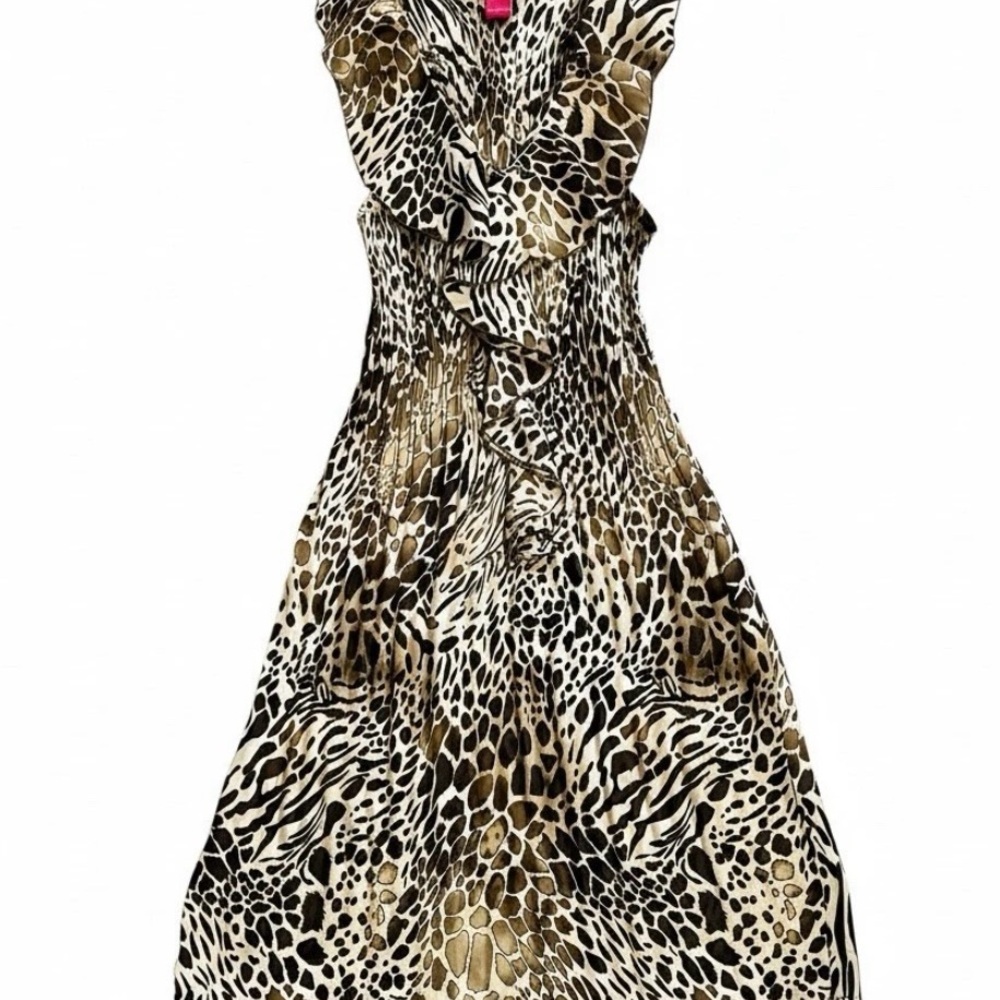 Sunny Leigh Animal Print Dress Sz S Sheer Chiffon Pleated Baddie Office Siren - Picture 3 of 13
